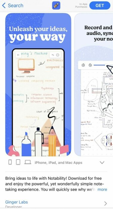 iOS Notability app App Store's listing: description on mobile