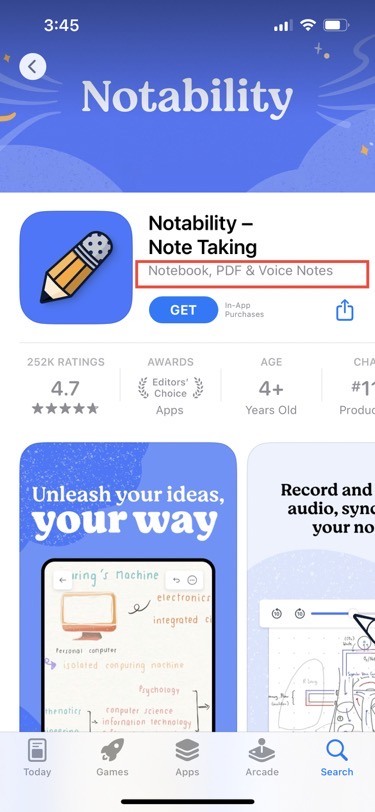 iOS Notability app App Store's listing: subtitle